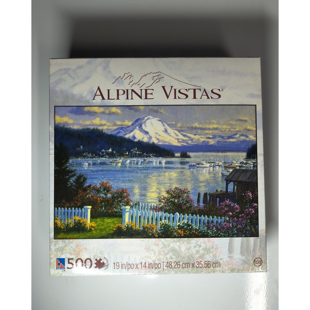 Alpine Vistas 500 Piece Jigsaw‎ Puzzle NIB 14" x 19"  Mountain Sea Boats Flowers